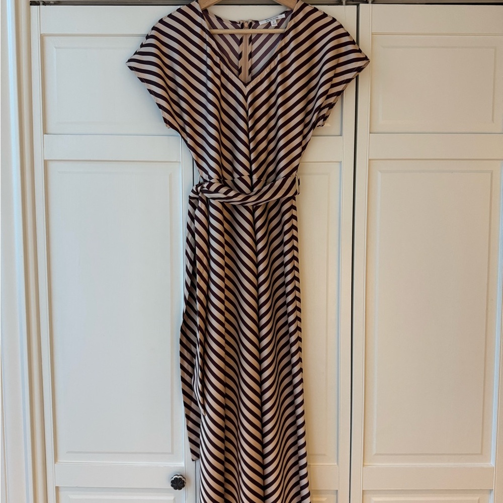 Chic Striped Belted Dress in Black and Tan